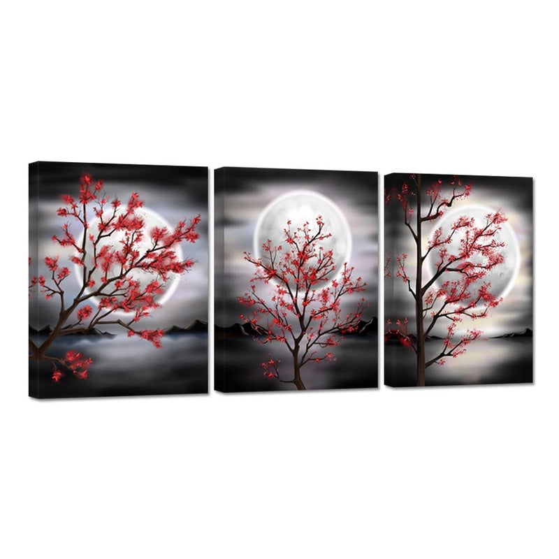 Zlove Natural Canvas Wall Art Red Moon Flower Tree Wall Decor Landscape Painting Pictures for Bedroom, 12"x16", 3Pcs - Image 1